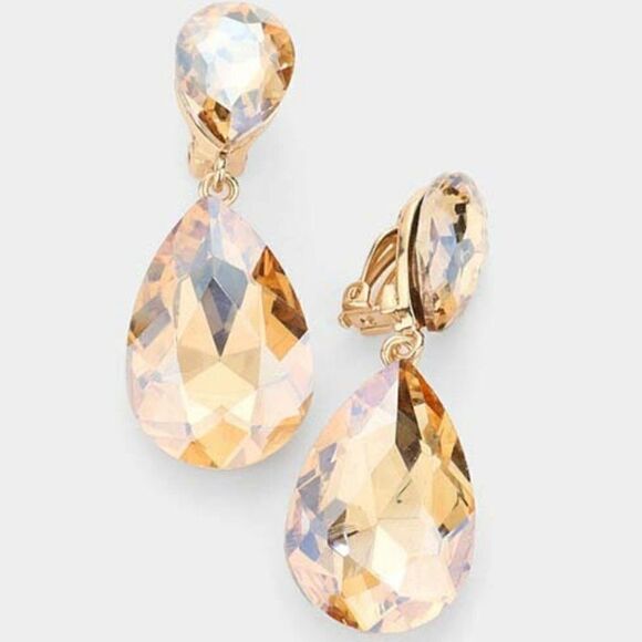 Crystal Lt Topaz Double Teardrop Clip On Evening Earrings NWT - Picture 2 of 5